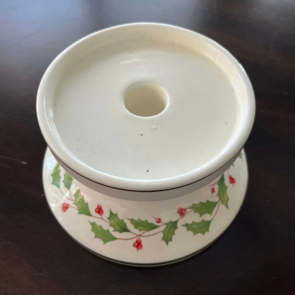 Vintage Lenox Holiday Pillar Candle Holder Base Ivory Gold Holly Christmas Decor